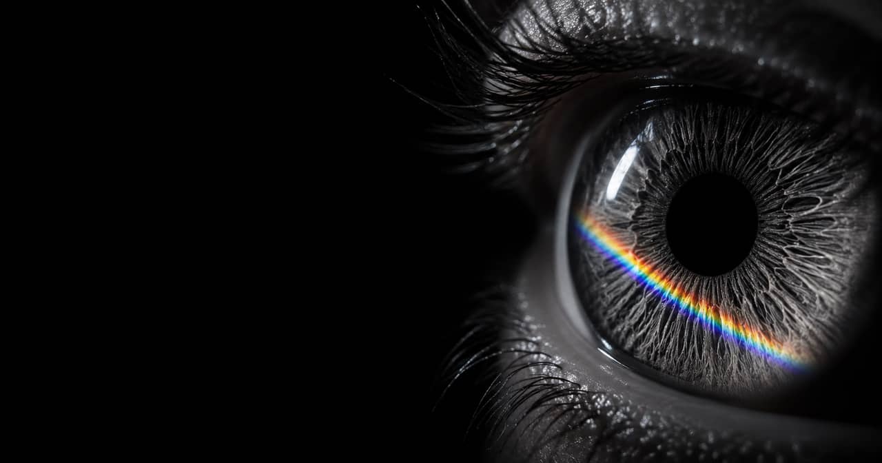 Gros plan d'un œil dont l'iris est traversé par une fine réfraction prismatique.